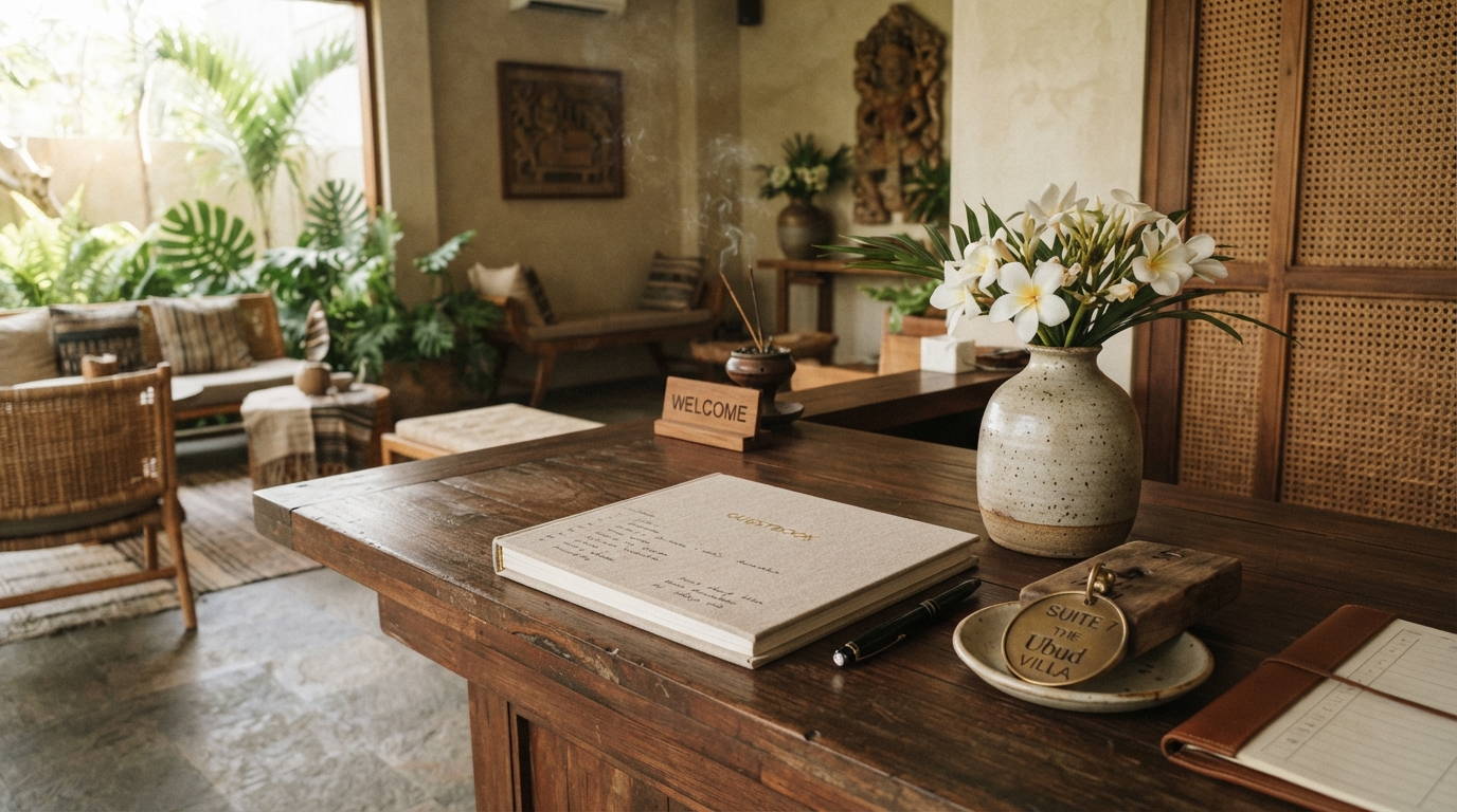 Hotel lobby reception desk in Ubud Bali