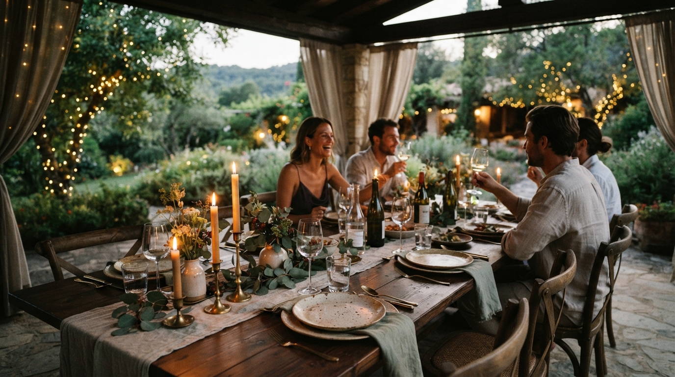 Intimate candlelit dining event table setup in Bali